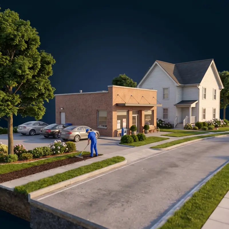 Illustration of a crew caring for the grounds of a brick commercial building