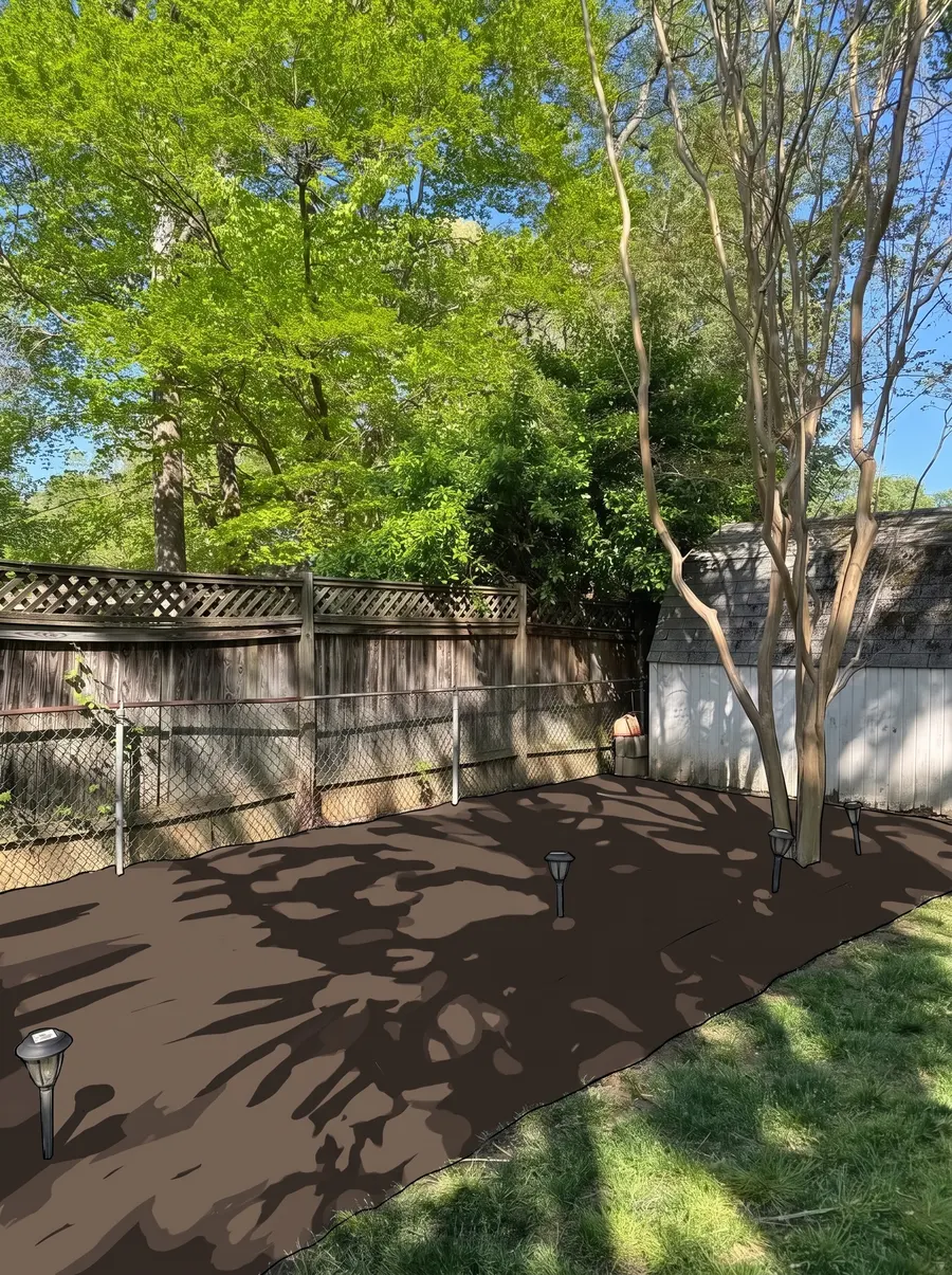 Illustration of an empty soil bed beside the fence and shed