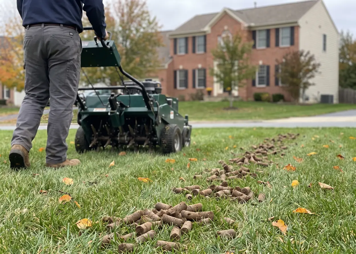 A walk-behind core aerator on a lawn, with soil plugs on the grass behind it