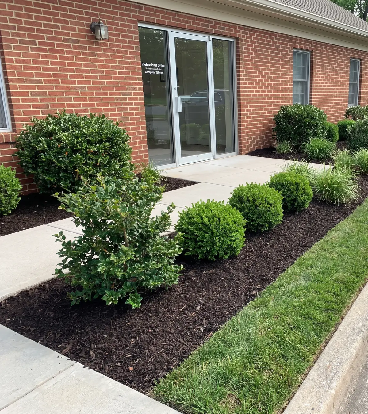 Round clipped shrubs in a mulched, edged bed along the walk of a small brick office