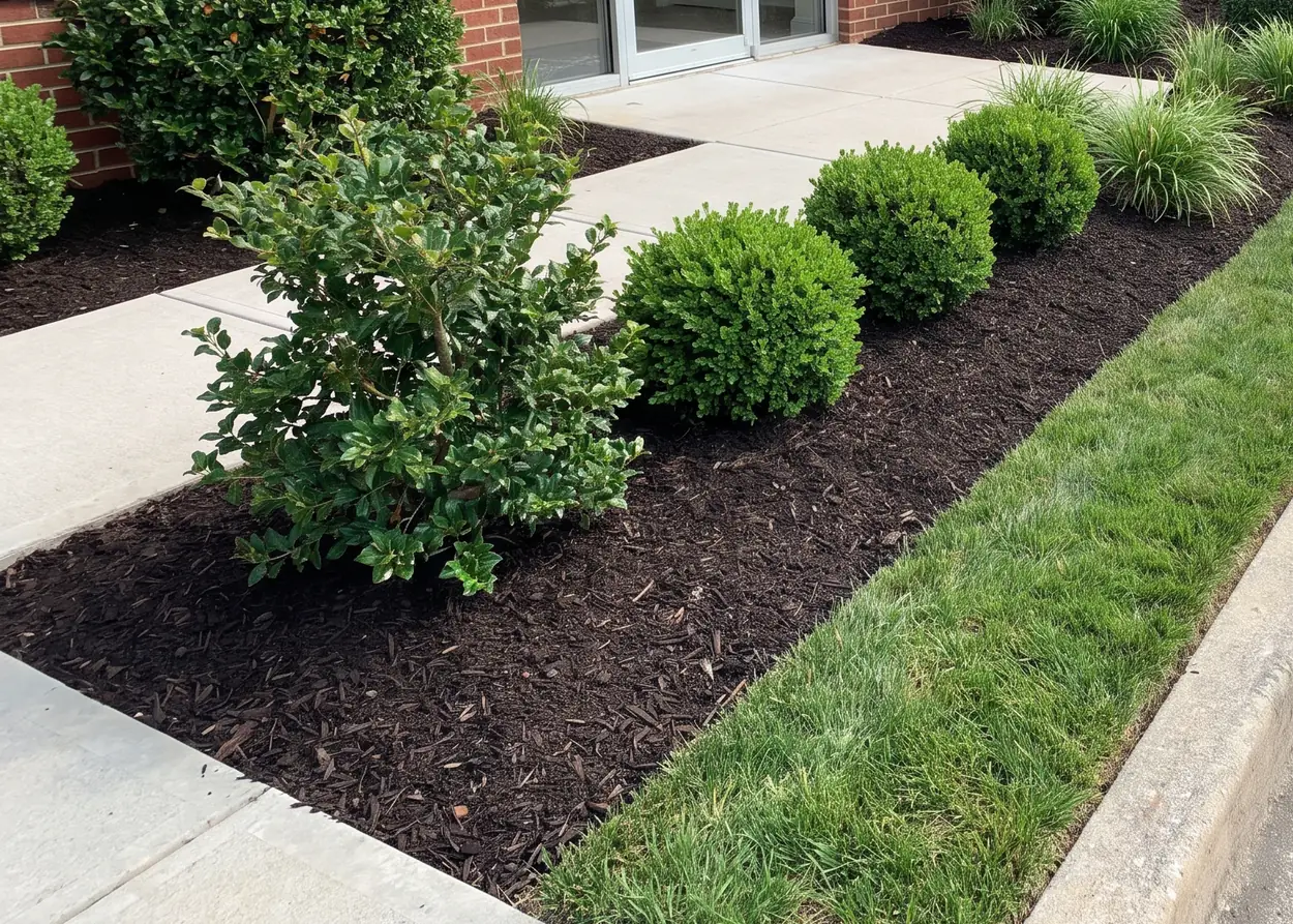 Edged, mulched beds and trimmed shrubs in front of a small brick office building