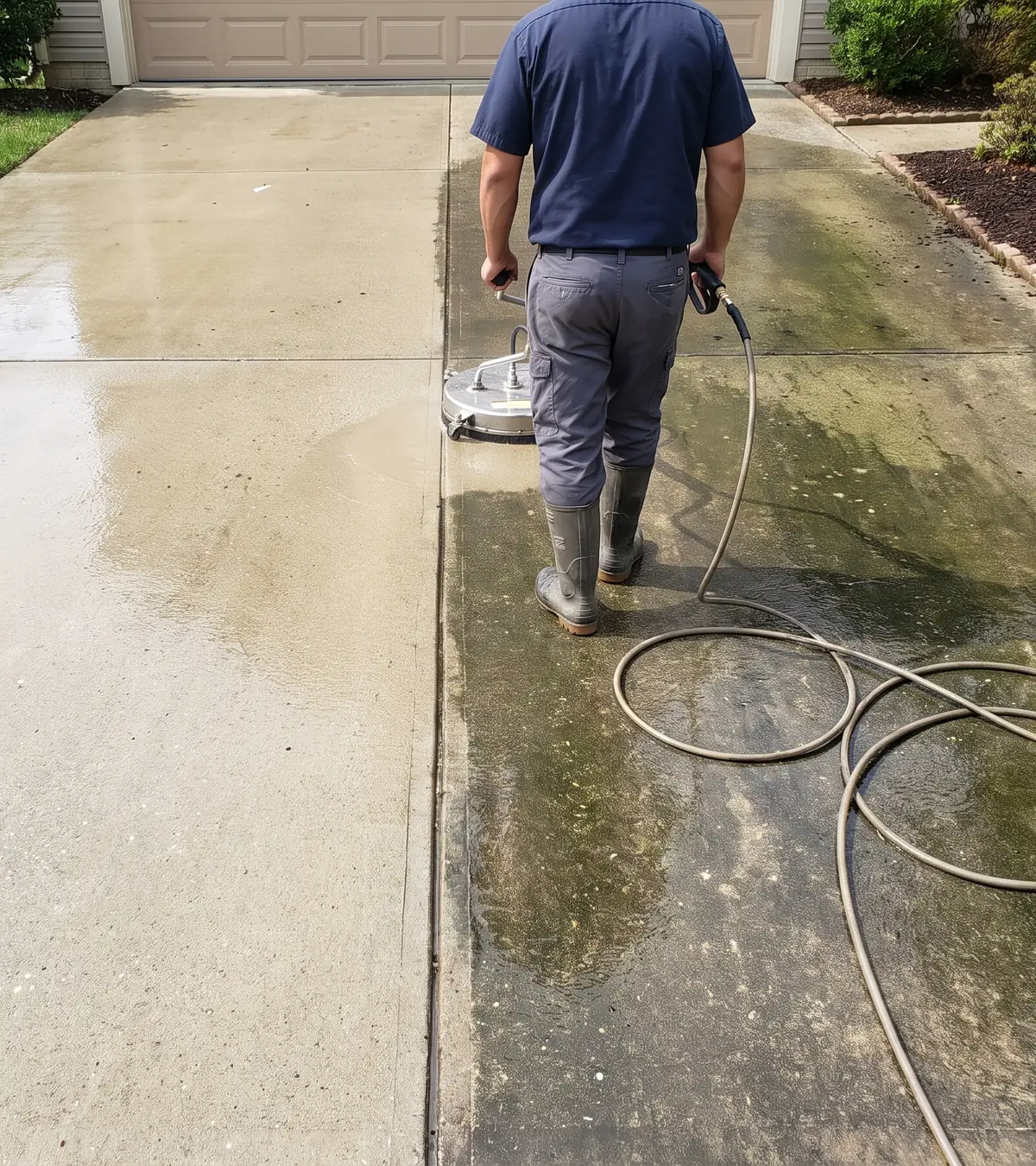 A worker washing a concrete driveway, the washed half pale beside the half still dark with grime