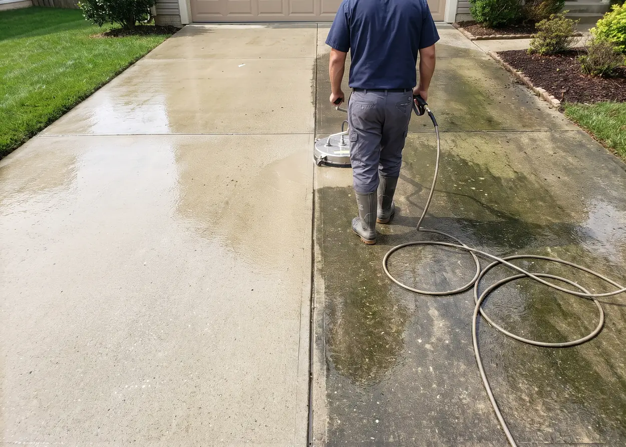 A concrete driveway being washed, one half clean and the other half still dark