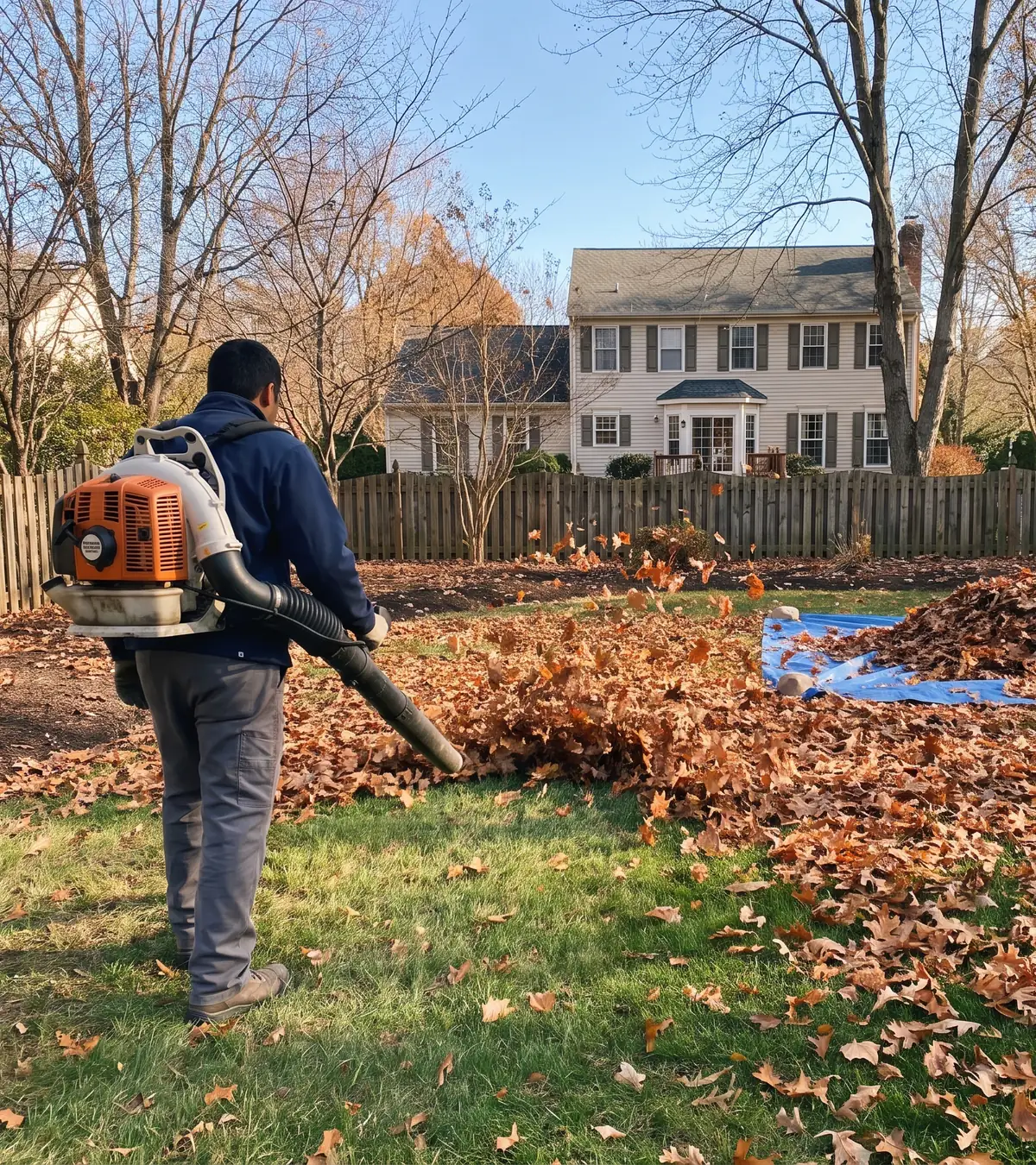 A worker with a backpack blower moving fallen leaves toward a pile on a tarp in a backyard