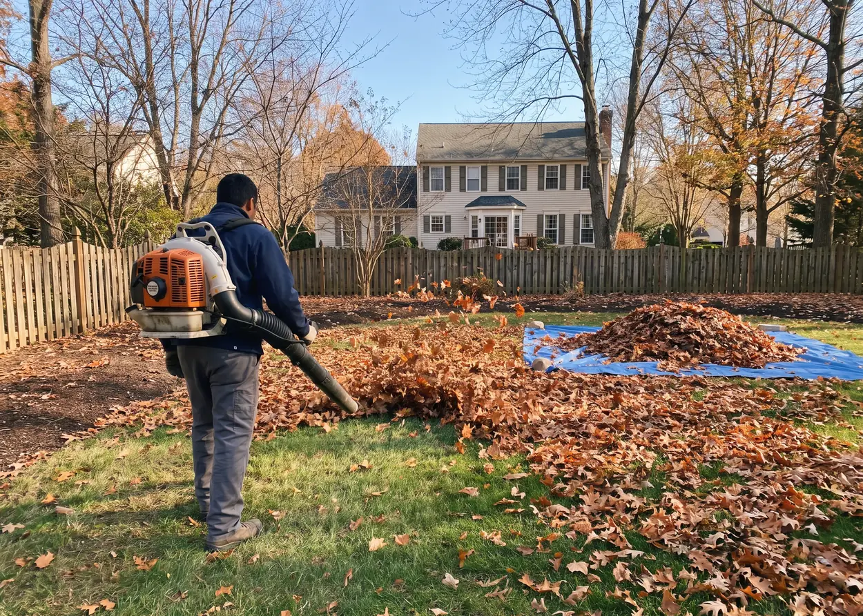 A worker with a backpack blower moving fallen leaves onto a tarp