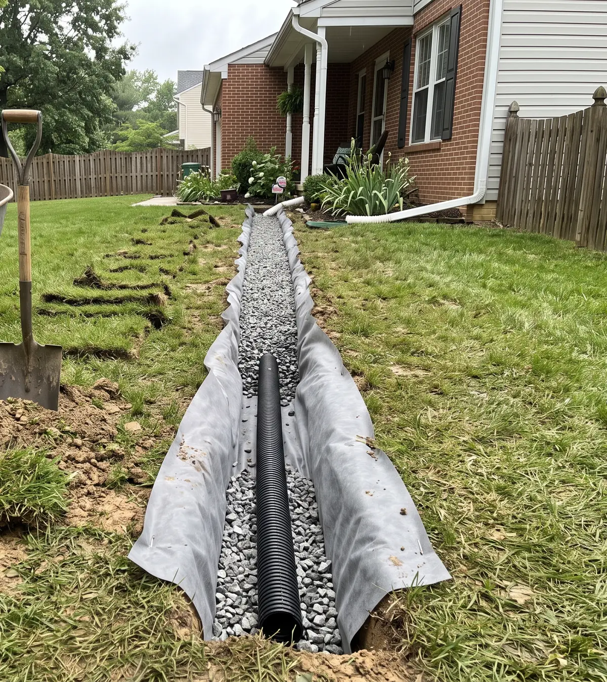 A trench across a backyard lawn, lined with fabric and filled with gravel around a black drain pipe
