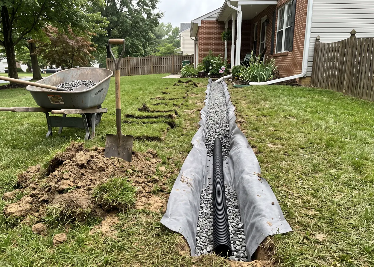 A fabric-lined trench across a lawn, with drain pipe laid on gravel