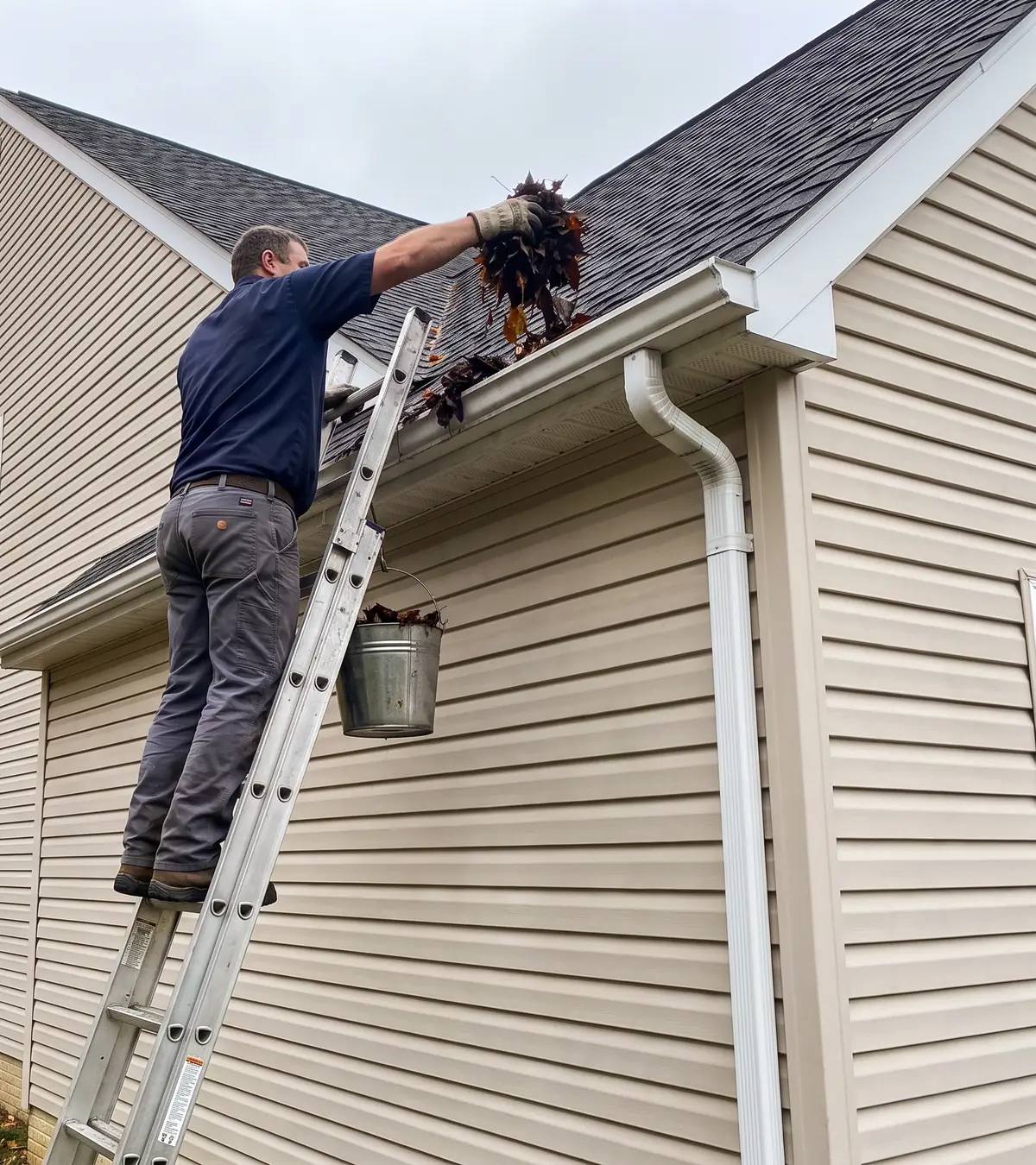 A worker on a ladder scooping wet leaves out of a gutter into a bucket, beside a white downspout