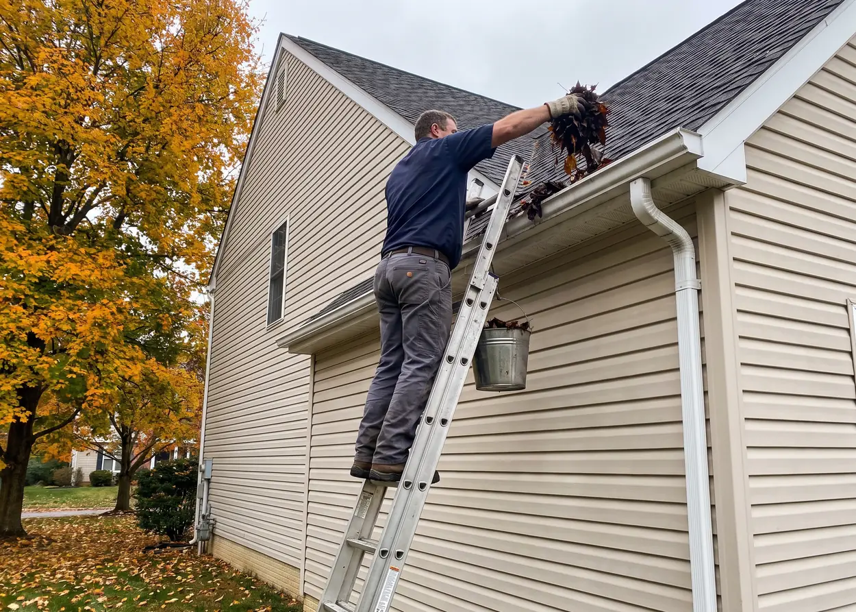 A worker on a ladder lifting leaves out of a gutter in autumn
