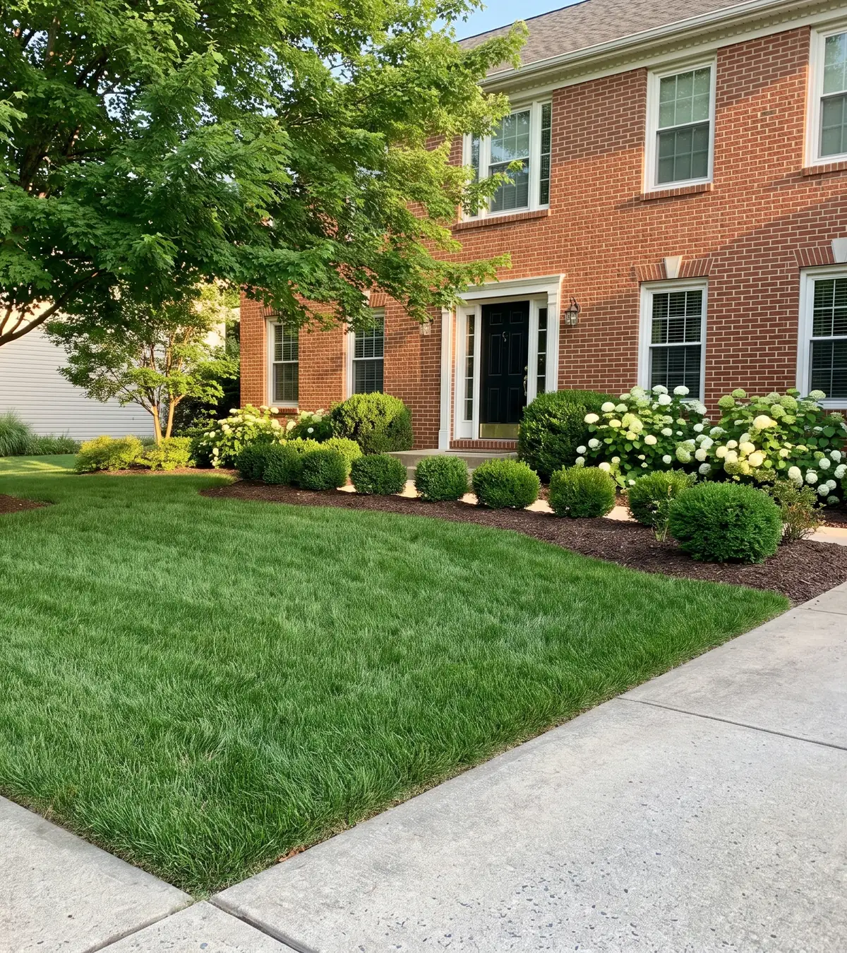 A thick, evenly mown lawn with a crisp edge in front of a brick house