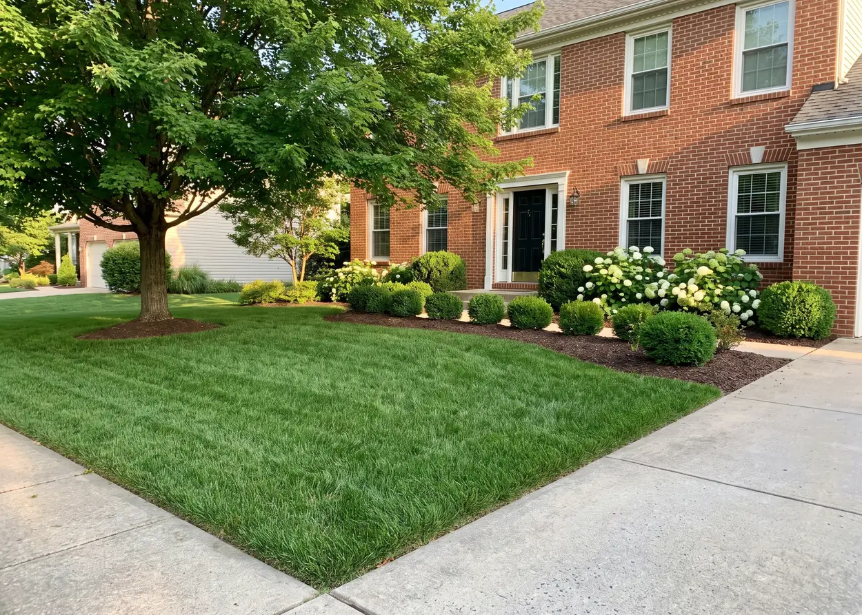A thick, evenly mown front lawn in front of a brick house