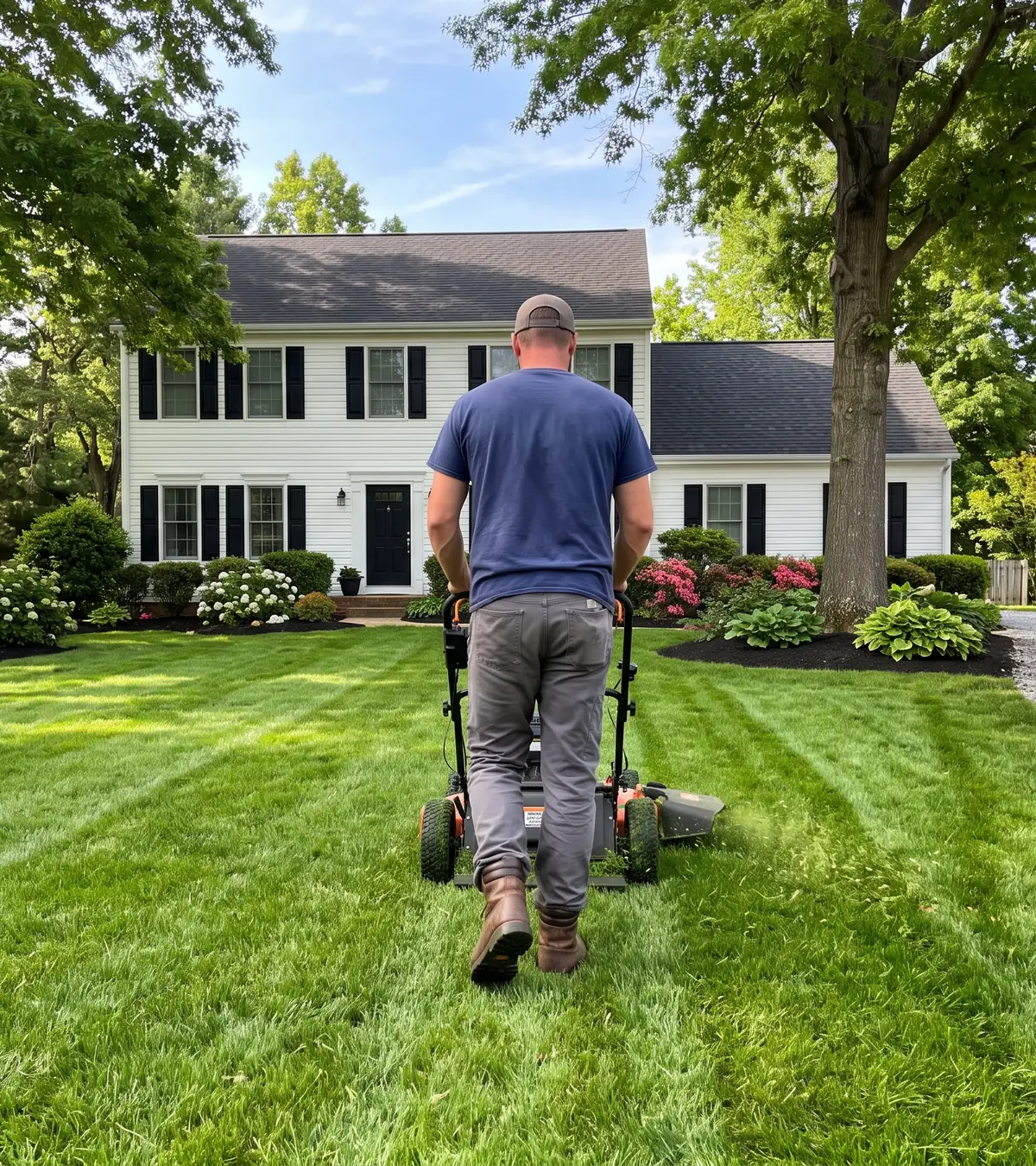 A landscaper seen from behind, pushing a mower across a striped front lawn