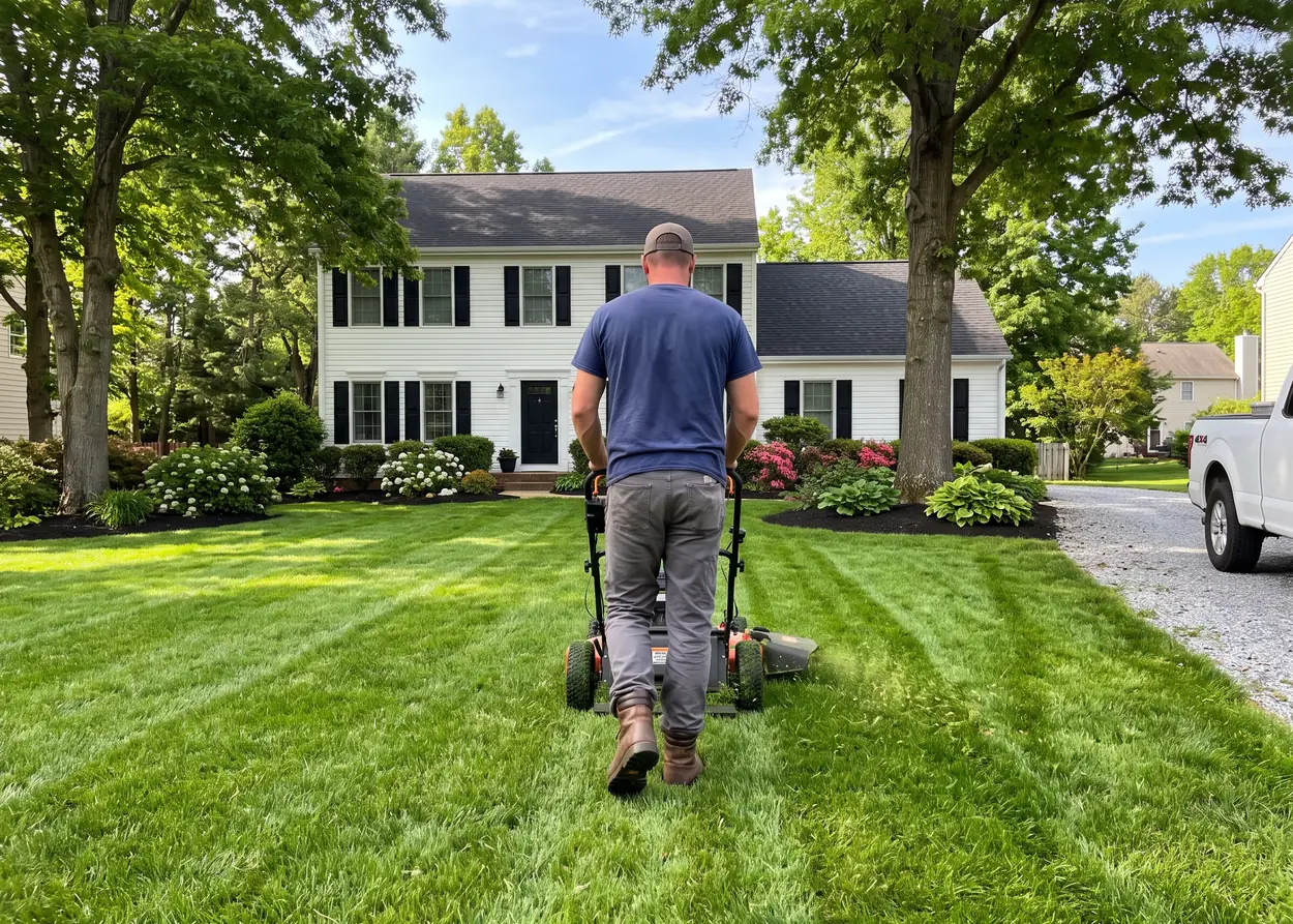 A landscaper pushing a mower across a striped front lawn