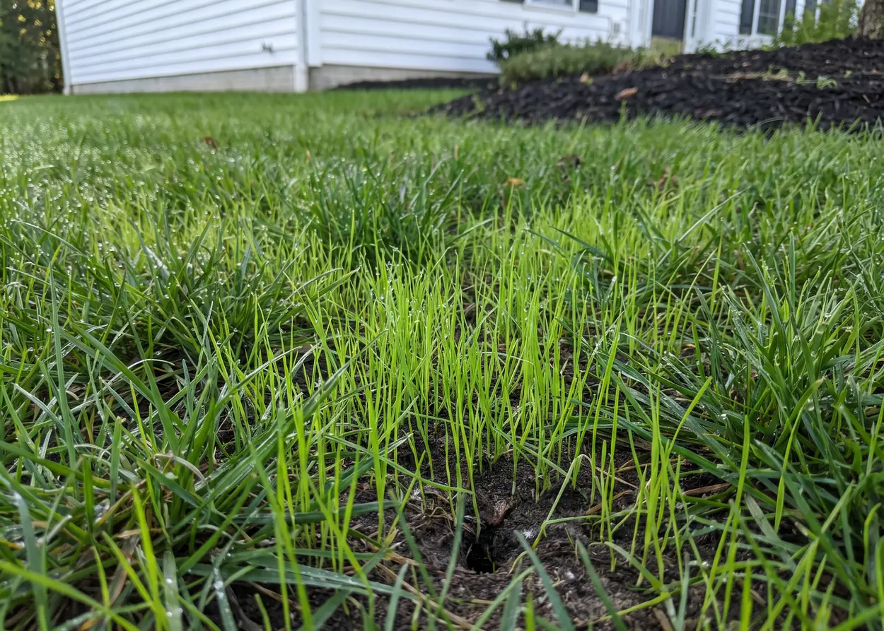 New grass seedlings among older blades of grass, seen close up