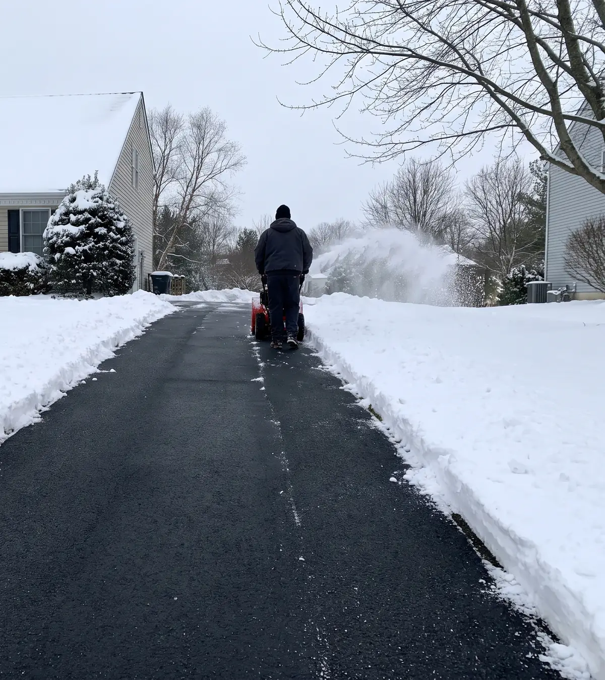 A cleared asphalt driveway with snow banked along both sides and a worker at the far end