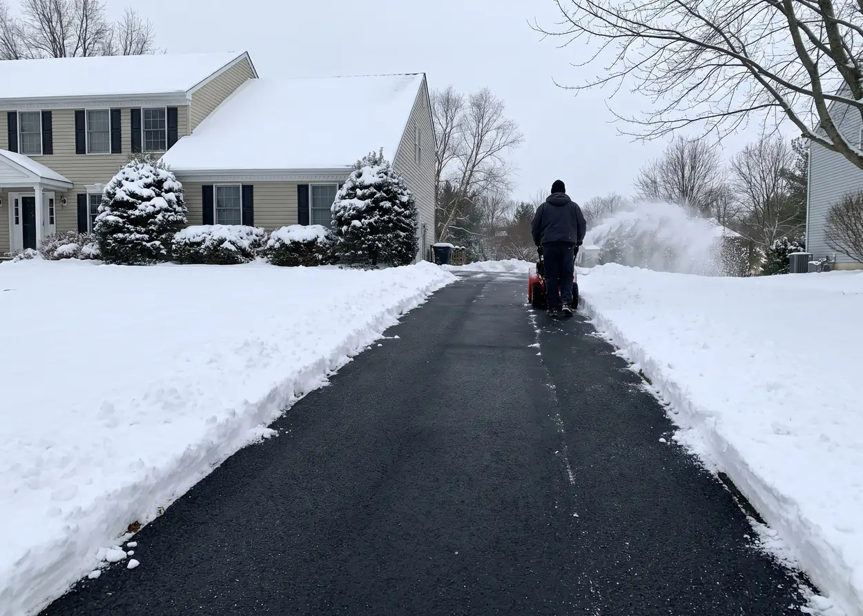 A driveway cleared of snow, with a worker and a snow blower at the far end