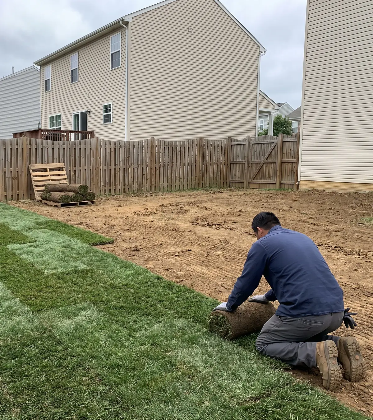 A worker unrolling a strip of sod onto bare soil in a fenced backyard, with finished rows beside him