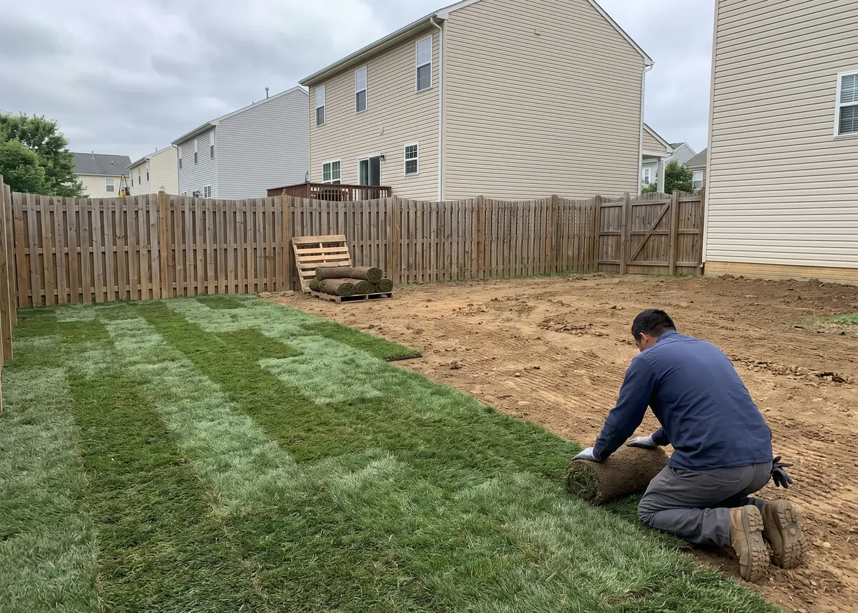 Rows of new sod being laid across bare soil in a backyard