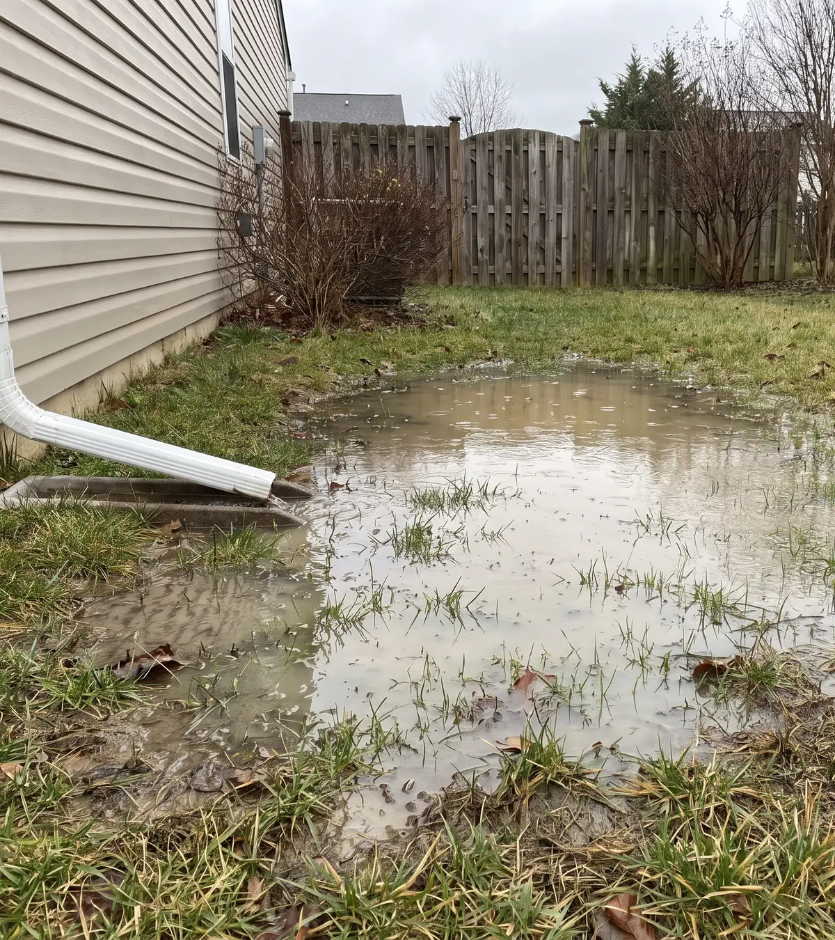 A wide, shallow puddle on a lawn beside a downspout after rain