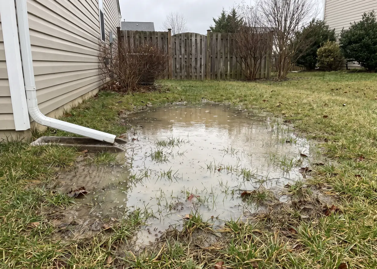 A wide puddle on a lawn beside a downspout