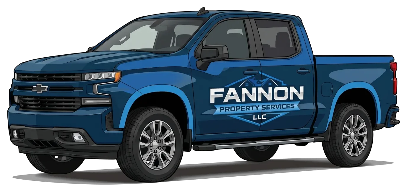 Illustration of a Fannon Property Services pickup in navy and blue