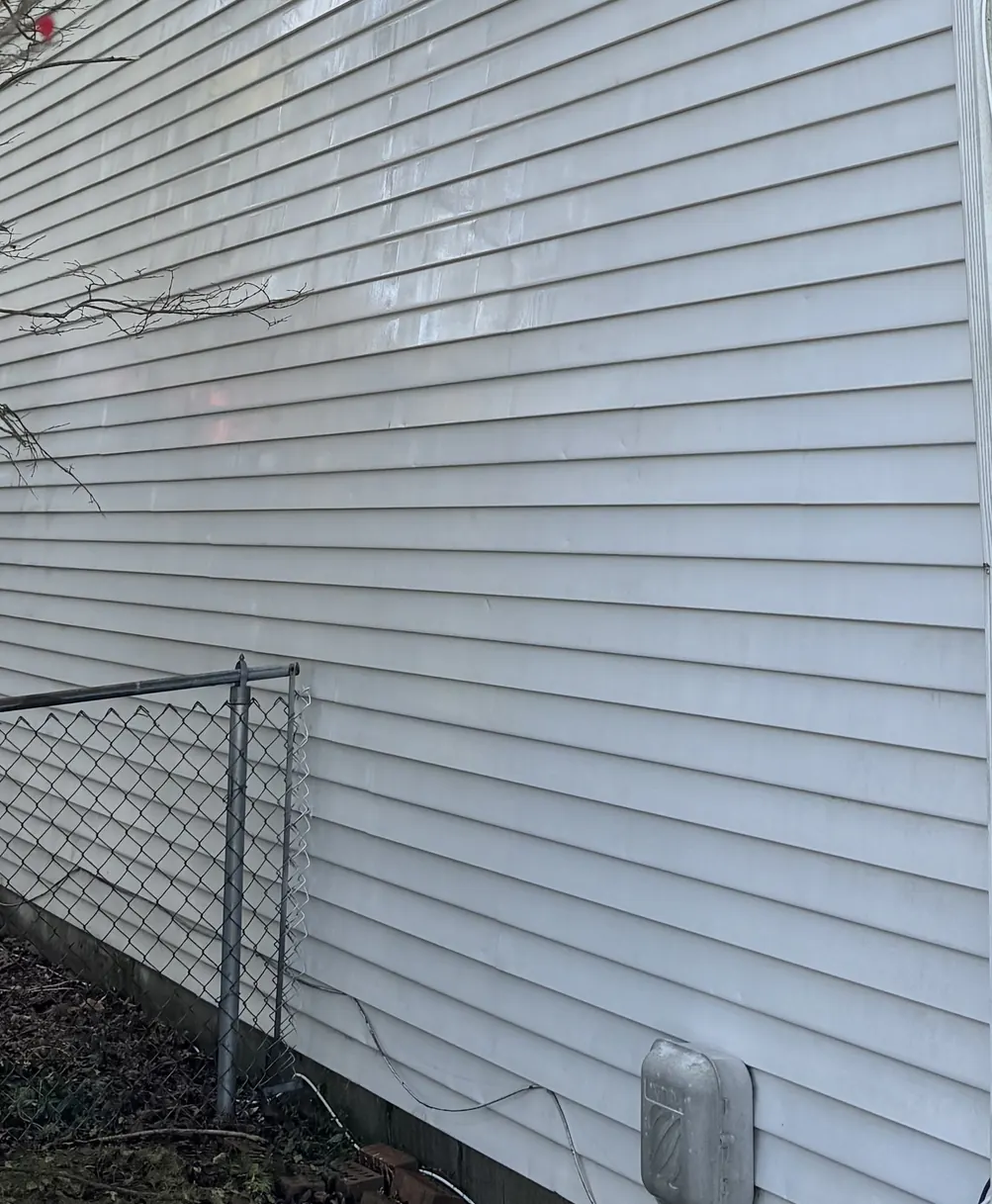 The white siding after cleaning, with the green staining gone