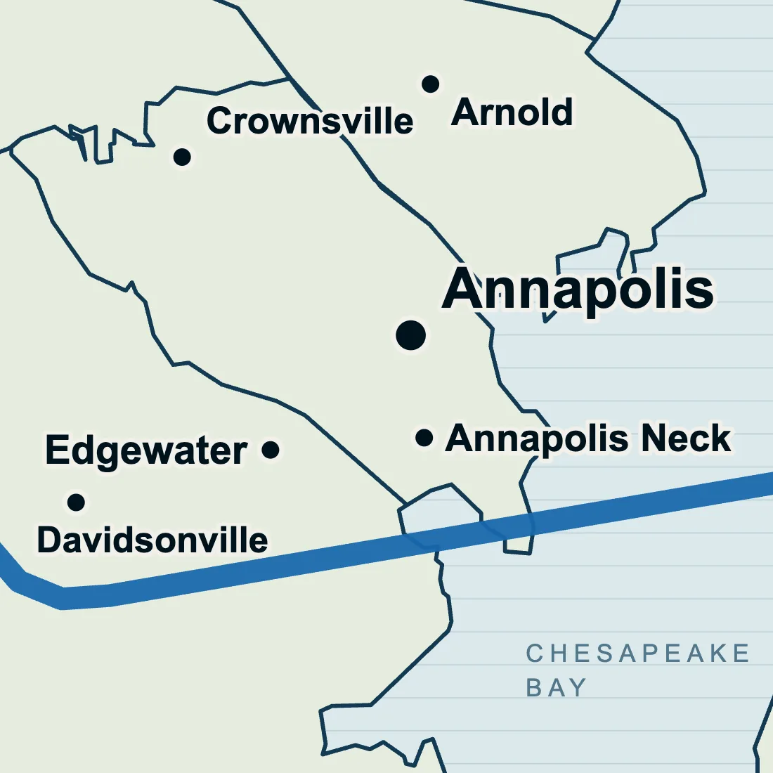 Map with Annapolis Neck marked south of Annapolis, between the South River and the Chesapeake Bay