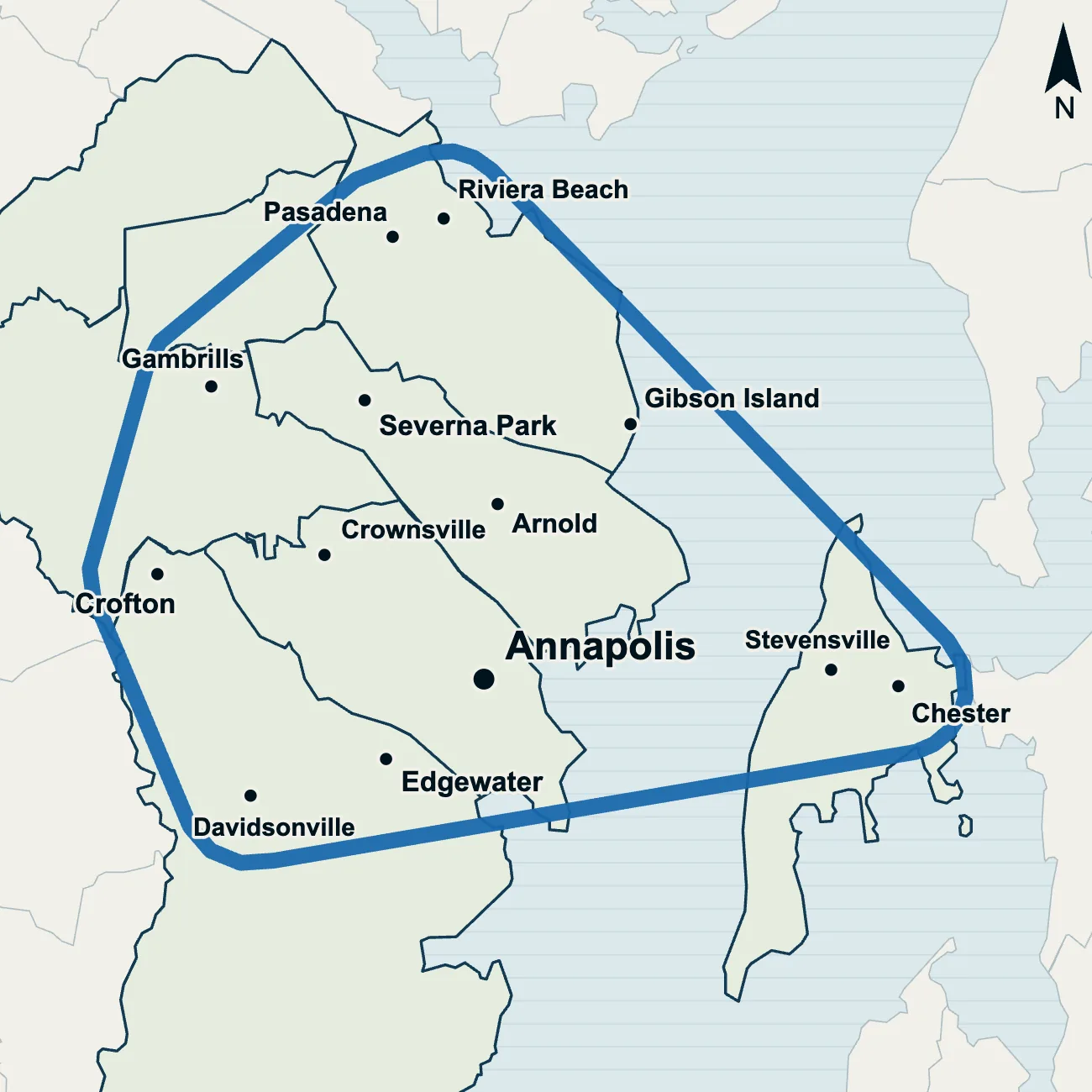 Map of Anne Arundel County and Kent Island with the area we cover outlined, from Pasadena in the north to Edgewater in the south and from Crofton across the Bay to Chester
