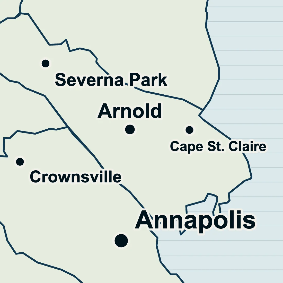 Map with Arnold marked between Severna Park and Annapolis, Cape St. Claire to its east and Crownsville to its west