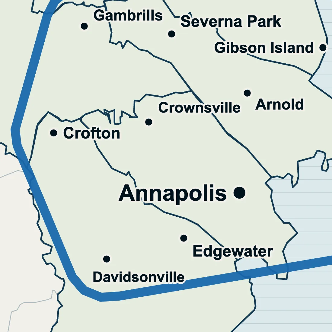 Map with Crofton, Gambrills and Davidsonville marked west of Annapolis, with Severna Park, Crownsville, Arnold and Edgewater to the east