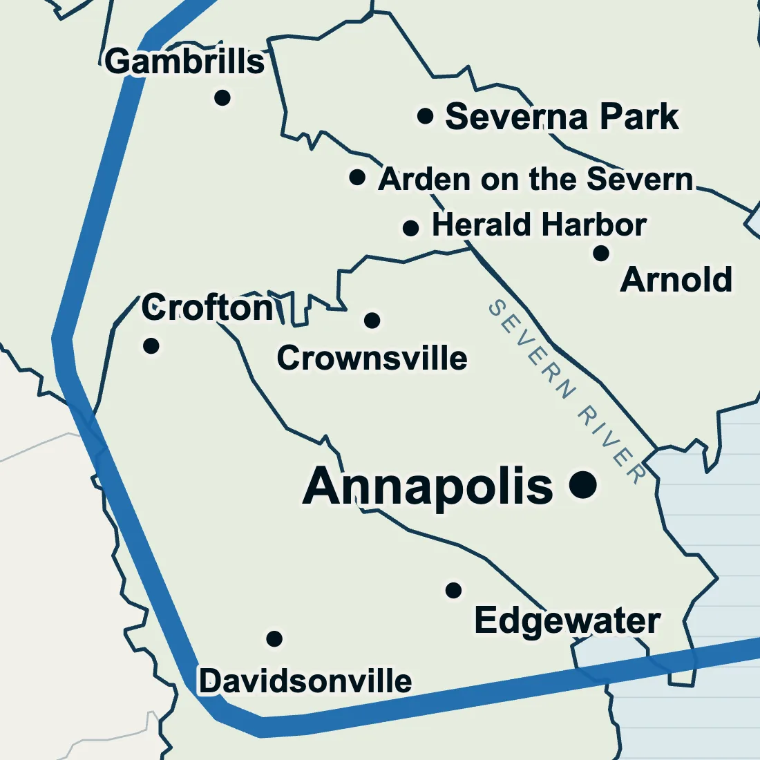 Map with Crownsville, Herald Harbor and Arden on the Severn marked beside the Severn River, northwest of Annapolis