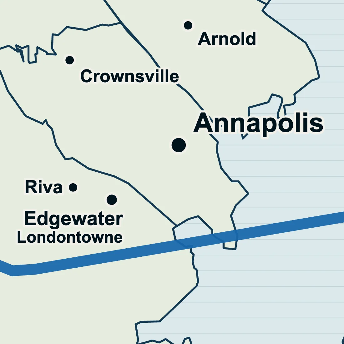 Map with Edgewater and Londontowne marked south of Annapolis, and Riva to the west