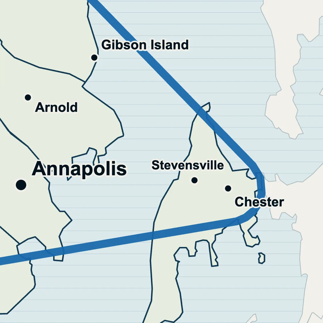 Map with Stevensville and Chester marked on Kent Island, across the Chesapeake Bay from Annapolis, Arnold and Gibson Island