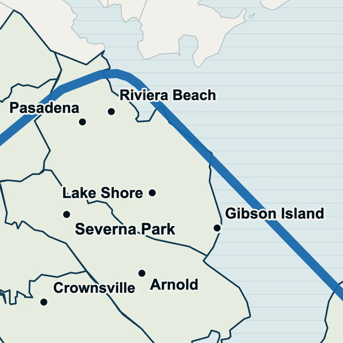 Map with Pasadena, Lake Shore, Riviera Beach and Gibson Island marked, north of Severna Park and Arnold