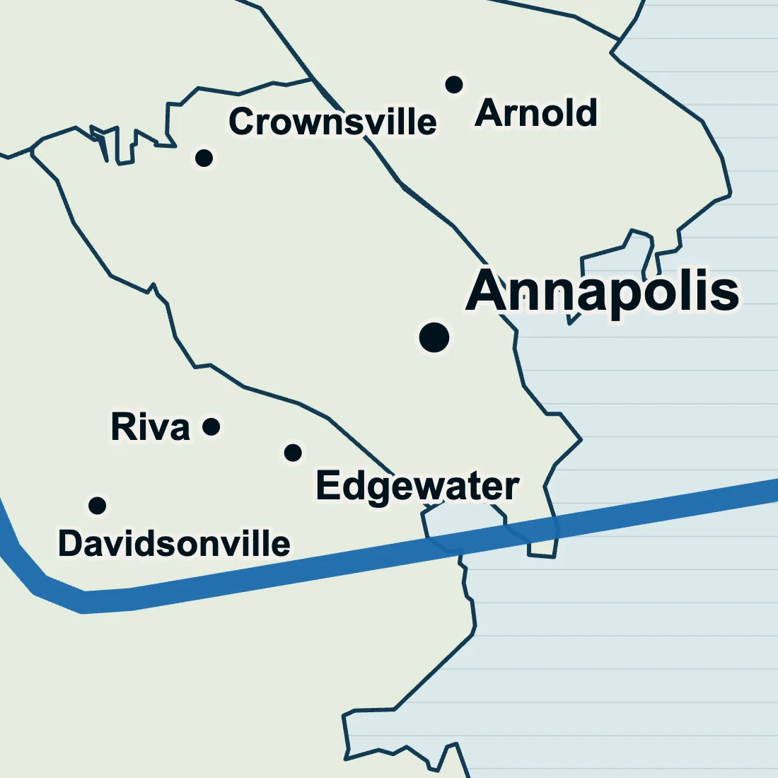 Map with Riva, Edgewater and Davidsonville marked, southwest of Annapolis