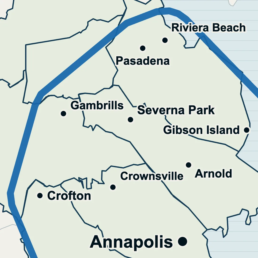 Map with Severna Park marked in the middle of the area we work in, north of Annapolis, with Pasadena, Gambrills, Crownsville and Arnold around it